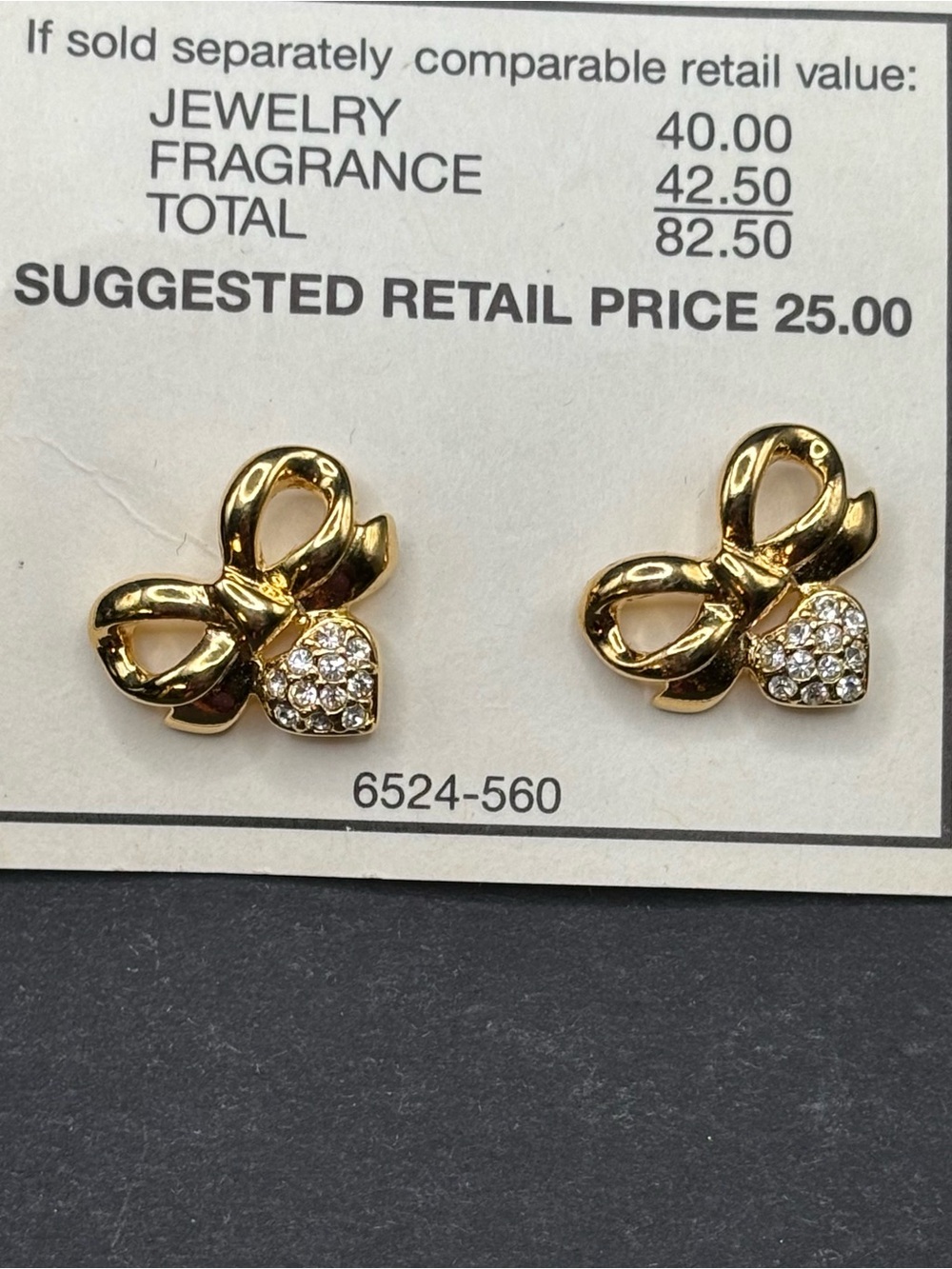 Vintage Elizabeth Taylor White Diamonds Gold Bow Pave Rhinestone Heart Earrings
